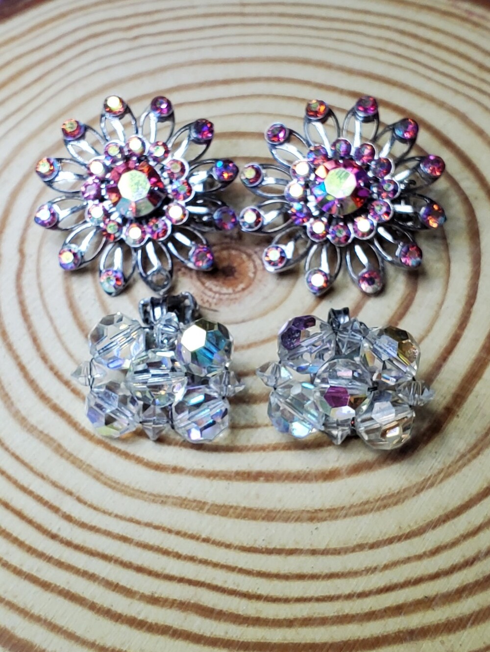 Vtg. Aurora Borealis Bundle For 2 Clip-on Earrings